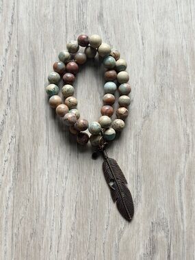 Natural Jasper Stone Bead Stretch Bracelet with Bronze Feather Charm